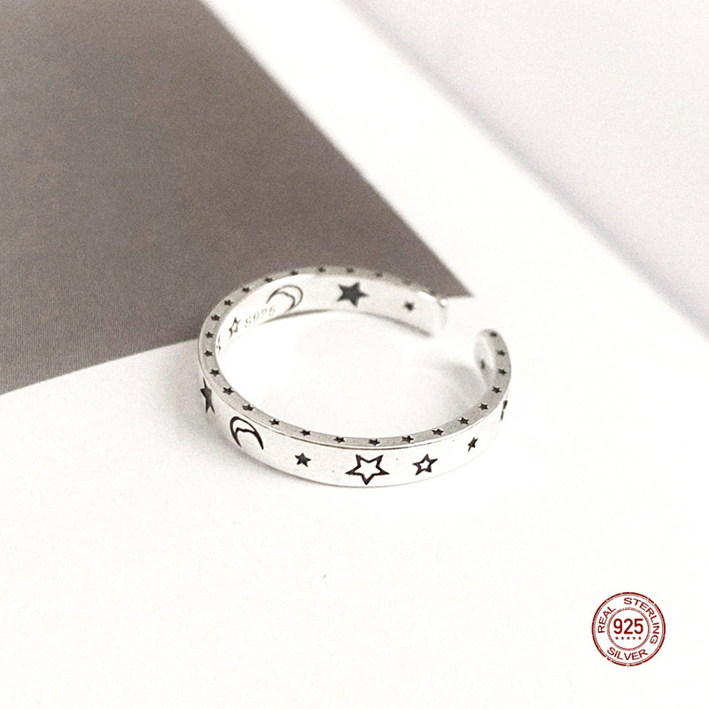 Silver Vintage Star Moon Ring