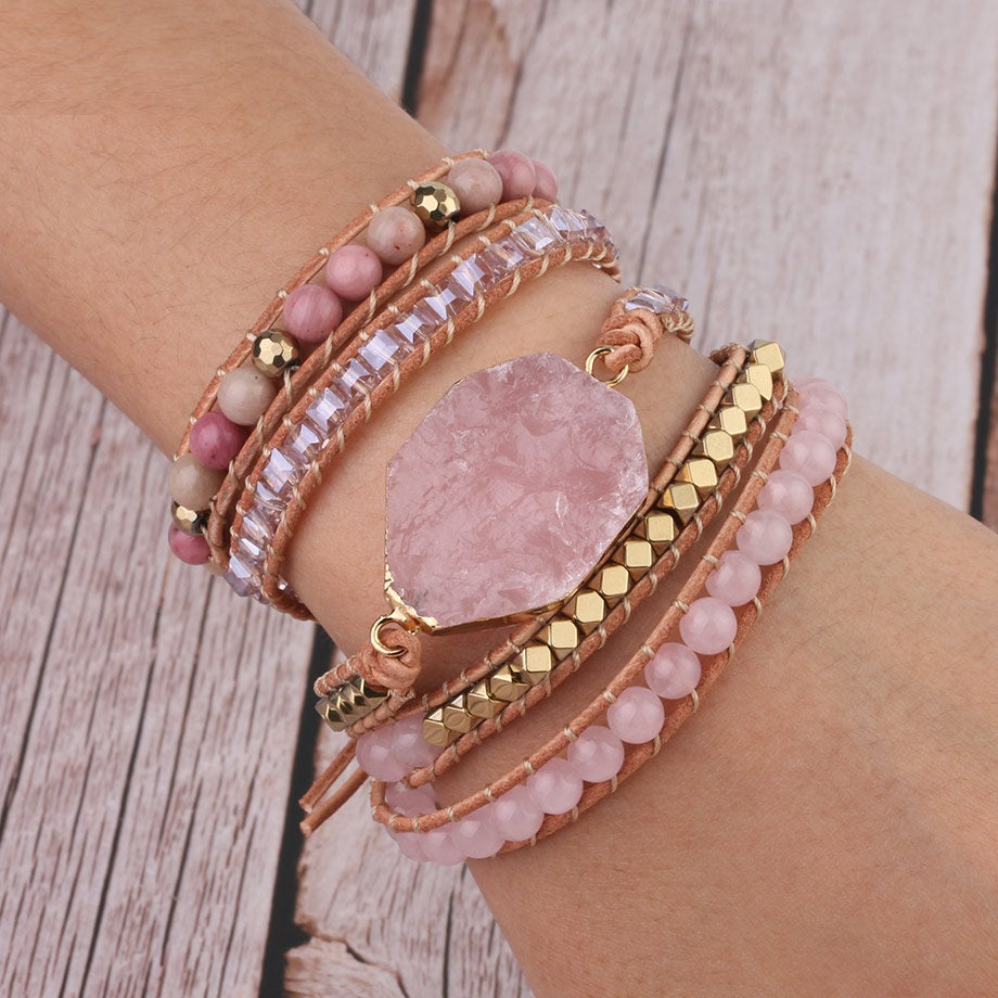 Rose Quartz Leather Wrap Bracelet 5 Strand