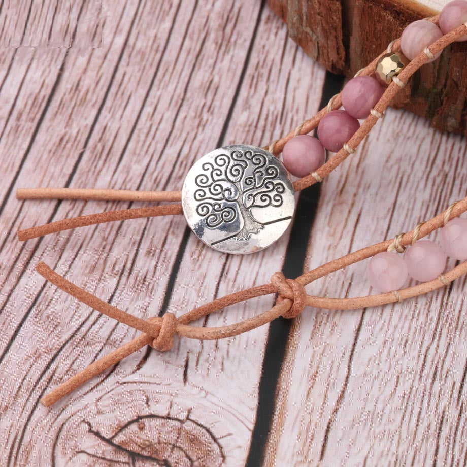 Rose Quartz Leather Wrap Bracelet 5 Strand