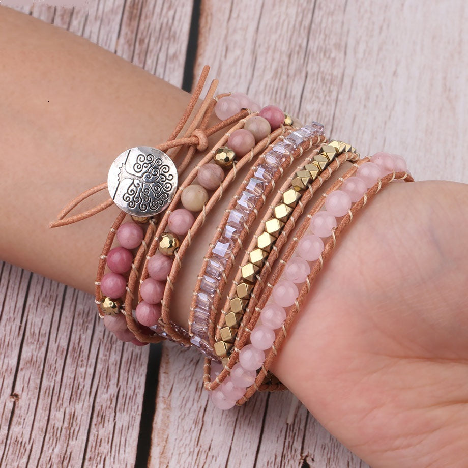 Rose Quartz Leather Wrap Bracelet 5 Strand