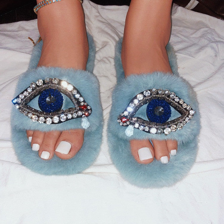 Evil Eye Faux Fur Velvet Slippers