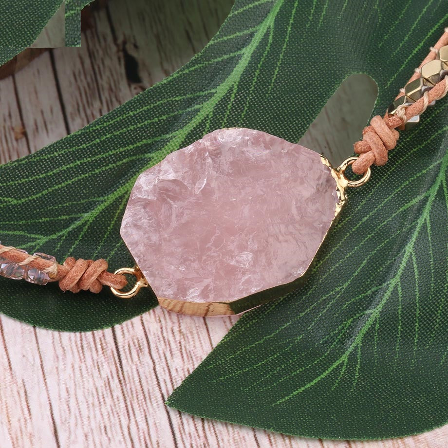Rose Quartz Leather Wrap Bracelet 5 Strand
