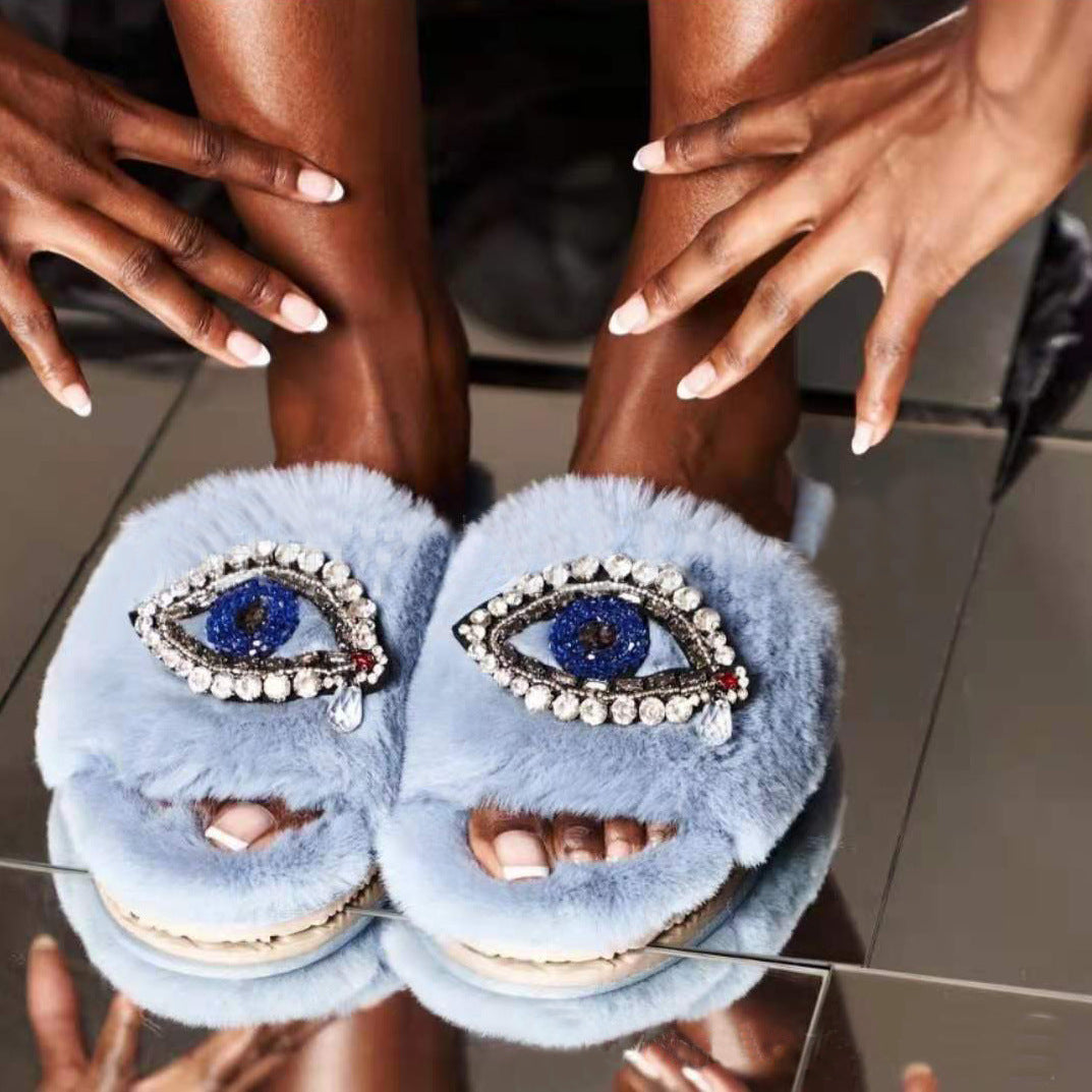 Evil Eye Faux Fur Velvet Slippers