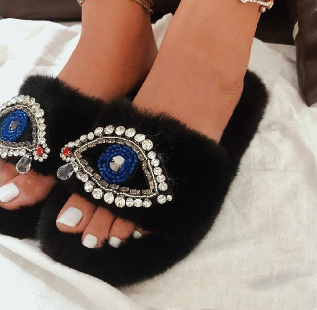 Evil Eye Faux Fur Velvet Slippers