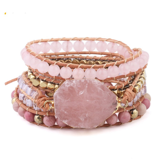 Rose Quartz Leather Wrap Bracelet  5 Strand