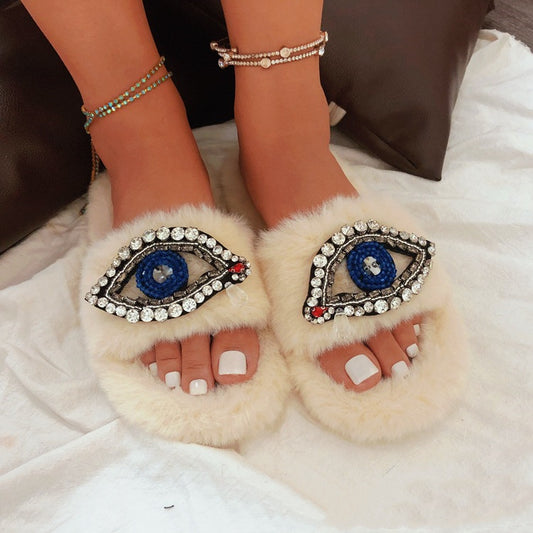 Evil Eye Faux Fur Velvet Slippers